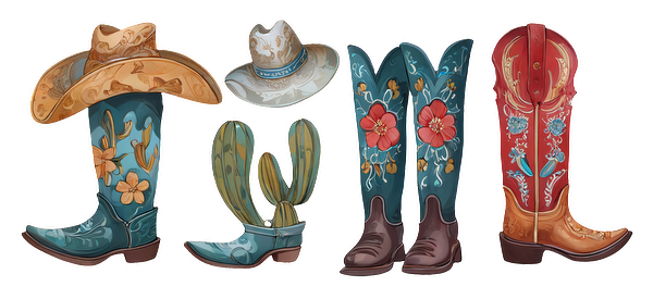 A vibrant collection of decorative cowboy boots and a stylish hat featuring floral and cactus designs, perfect for Western fashion enthusiasts.UV Transfers dtf transfers