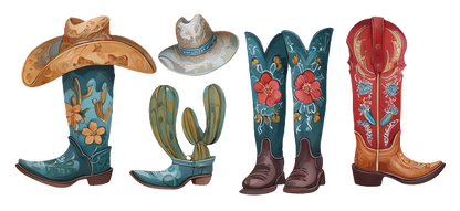 A vibrant collection of decorative cowboy boots and a stylish hat featuring floral and cactus designs, perfect for Western fashion enthusiasts.UV Transfers dtf transfers