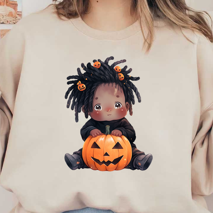 A cute child with playful dreadlocks and pumpkin accessories sits happily with a carved Halloween pumpkin. dtf transfers