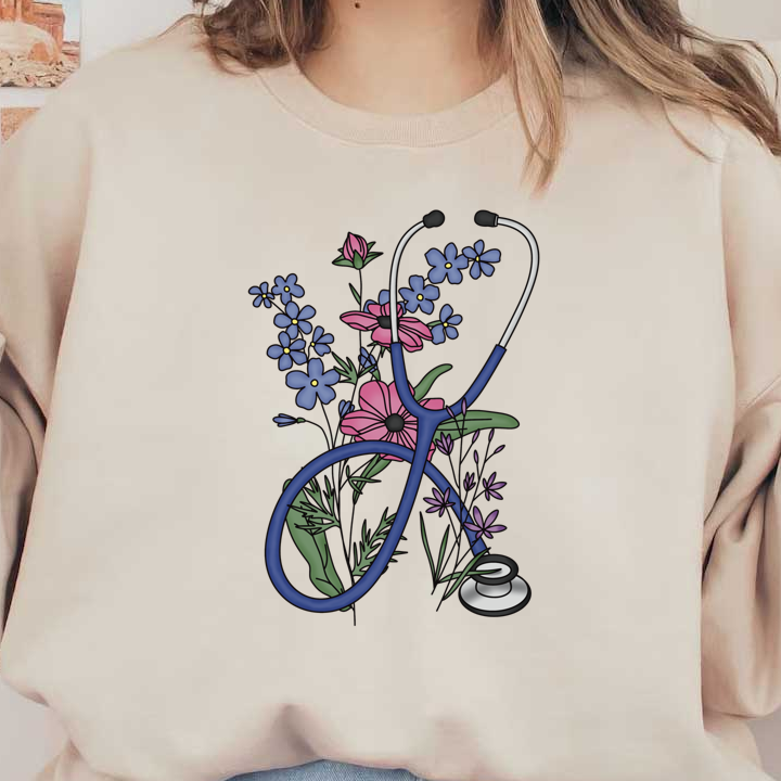 A vibrant illustration of a stethoscope intertwined with colorful flowers, symbolizing the blend of healthcare and nature.DTF Transfers