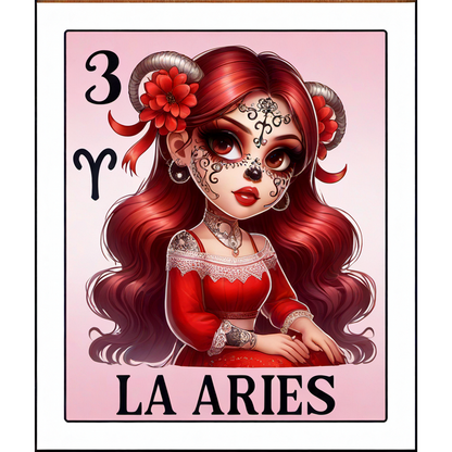 Una colorida ilustración que presenta a una chica con cabello rojo y maquillaje llamativo, que representa el signo zodiacal Aries en un estilo divertido.