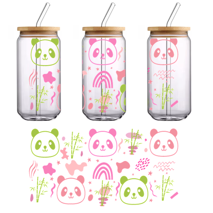 A playful and colorful pattern featuring cute panda faces, bamboo, and whimsical designs in soft pink and green tones.UV Transfers dtf prints