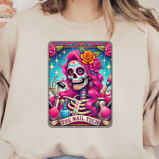 Una vibrante ilustración inspirada en el Día de los Muertos presenta un técnico de uñas esqueleto adornado con flores y esmalte de uñas.