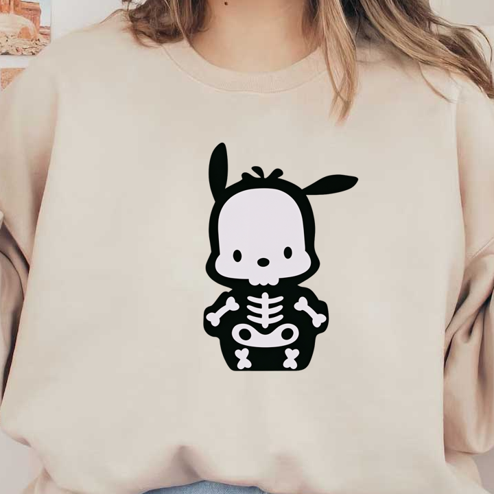 Cute skeleton cartoon character with a playful design, featuring a black body and white skull details, perfect for Halloween.DTF Transfers heat press transfers