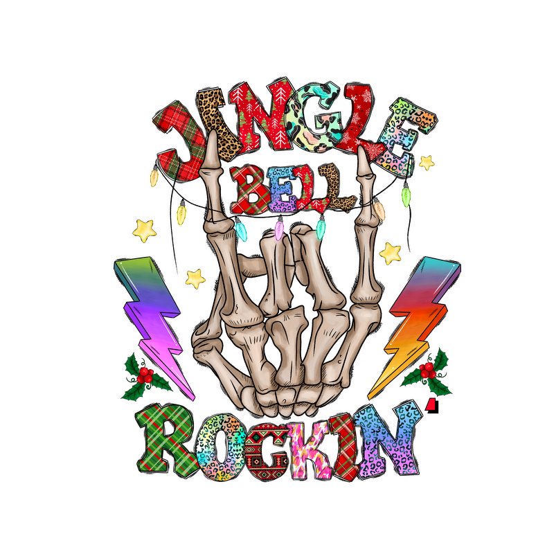 A festive and edgy design featuring a skeleton hand making a rock gesture, surrounded by colorful text and holiday motifs.DTF Transfers dtf transfers dtf transfers