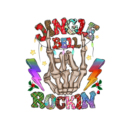 A festive and edgy design featuring a skeleton hand making a rock gesture, surrounded by colorful text and holiday motifs.DTF Transfers dtf transfers dtf transfers