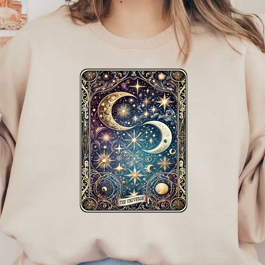 Una tarjeta bellamente ilustrada que presenta motivos celestiales de lunas, estrellas y planetas, mostrando el tema "El Universo" con intrincados detalles.