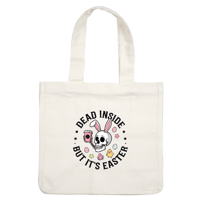 A quirky Easter-themed design featuring a skull with bunny ears, holding a drink, surrounded by colorful eggs and stars.DTF Transfers