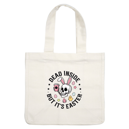 A quirky Easter-themed design featuring a skull with bunny ears, holding a drink, surrounded by colorful eggs and stars.DTF Transfers