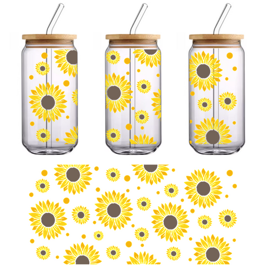 A vibrant pattern of sunflowers in bright yellow and brown, set against a contrasting dark background.UV Transfers dtf transfers