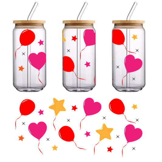 A vibrant collection of colorful balloons, hearts, and stars, perfect for festive celebrations and cheerful decorations.UV Transfers dtf transfers