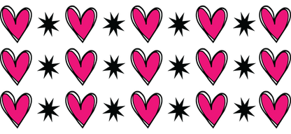 A playful pattern featuring vibrant pink hearts and black stars, perfect for adding a fun touch to any design.UV Transfers dtf prints