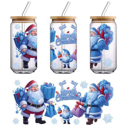 A cheerful group of cartoon Santa Clauses holds colorful gifts, showcasing a festive "Merry Christmas" sign among snowflakes.UV Transfers heat press transfers