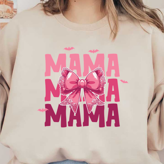 Gráfico rosa divertido que presenta la palabra "MAMA" adornado con un lazo de encaje detallado, perfecto para una vibra divertida y femenina.