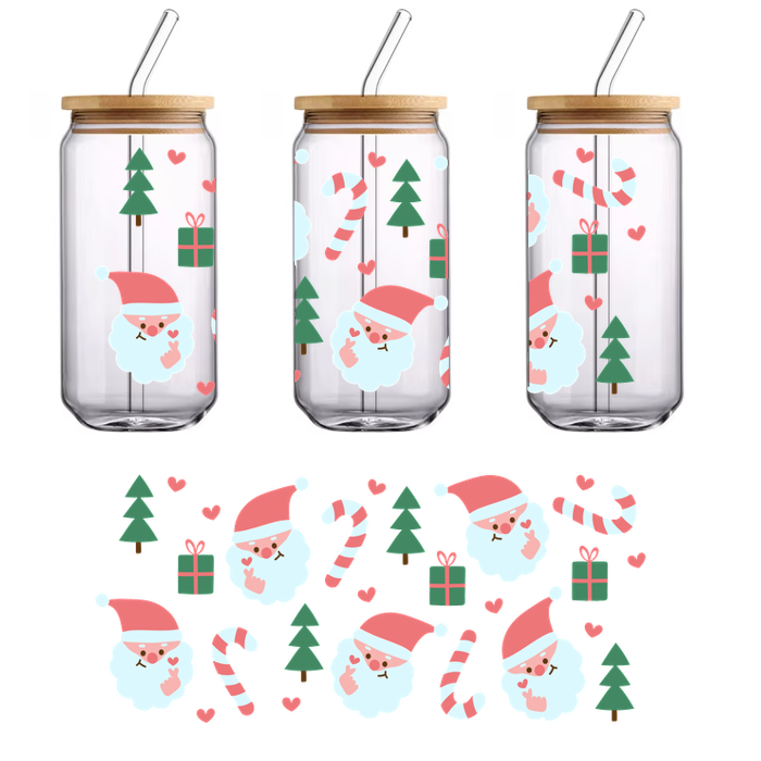 A cheerful holiday pattern featuring cute Santa Claus faces, candy canes, Christmas trees, gifts, and playful hearts in soft colors.UV Transfers dtf transfers