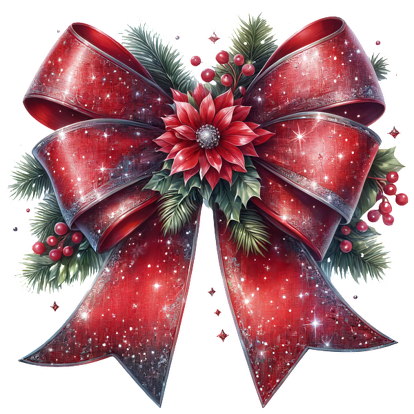 A festive red bow adorned with a vibrant poinsettia and greenery, perfect for holiday decorations.dtf regular iron