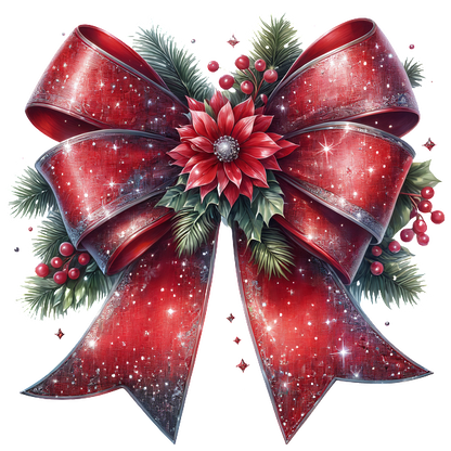 A festive red bow adorned with a vibrant poinsettia and greenery, perfect for holiday decorations.dtf regular iron