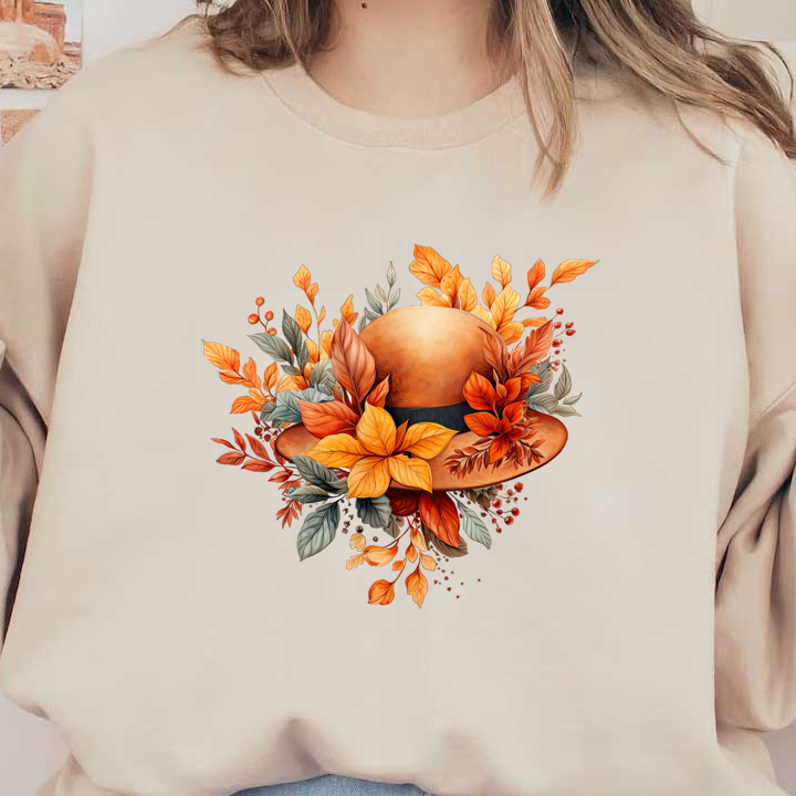 A charming orange hat adorned with vibrant autumn leaves and flowers, perfect for celebrating the fall season. dtf prints