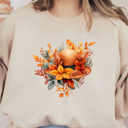 A charming orange hat adorned with vibrant autumn leaves and flowers, perfect for celebrating the fall season. dtf prints