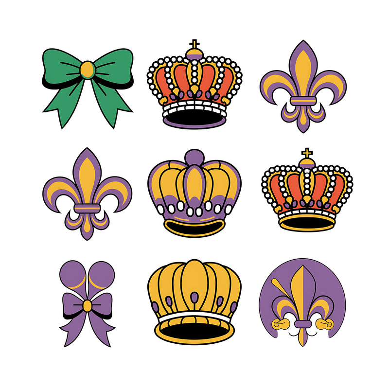 A colorful collection of nine crown and fleur-de-lis designs, featuring vibrant colors and playful details, perfect for festive themes.DTF Transfers