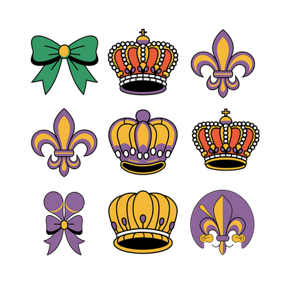 A colorful collection of nine crown and fleur-de-lis designs, featuring vibrant colors and playful details, perfect for festive themes.DTF Transfers