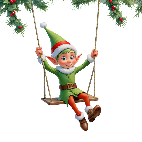 A cheerful elf in a green outfit and Santa hat swings joyfully, surrounded by festive greenery.DTF Transfers dtf transfers