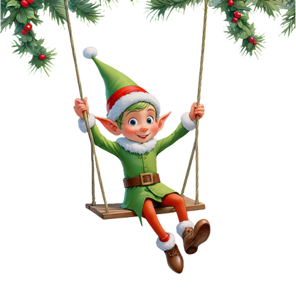 A cheerful elf in a green outfit and Santa hat swings joyfully, surrounded by festive greenery.DTF Transfers dtf transfers