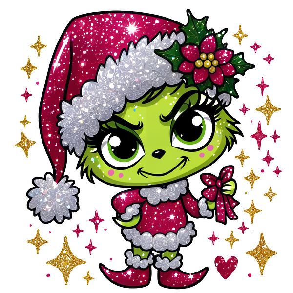 A playful green character in a sparkling pink Santa outfit, complete with a festive hat and holly, holding a gift.DTF Transfers heat press transfers