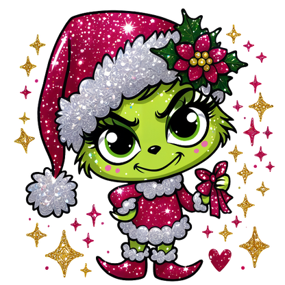 A playful green character in a sparkling pink Santa outfit, complete with a festive hat and holly, holding a gift.DTF Transfers heat press transfers