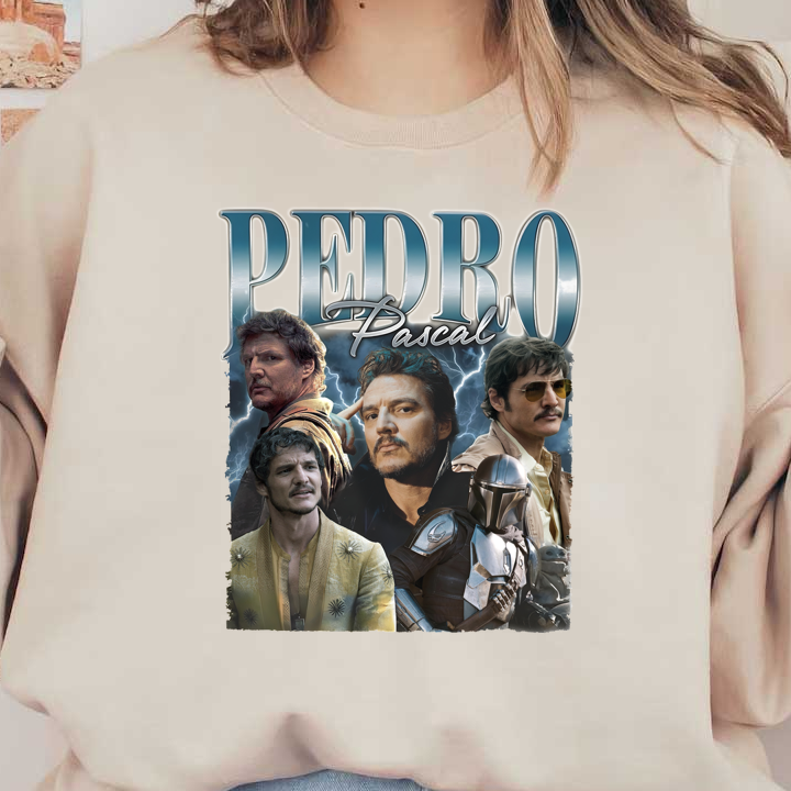 A vibrant collage featuring Pedro Pascal in various iconic roles, showcasing his versatility as an actor with dynamic expressions and styles.DTF Transfersdtf regular iron