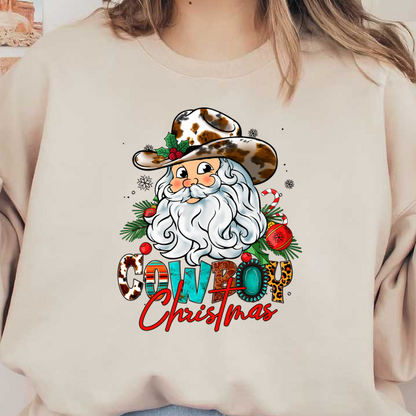 Diseño festivo "Navidad de vaqueros" que presenta un alegre Papá Noel barbudo con un sombrero de vaquero acentuado con vegetación y adornos navideños.