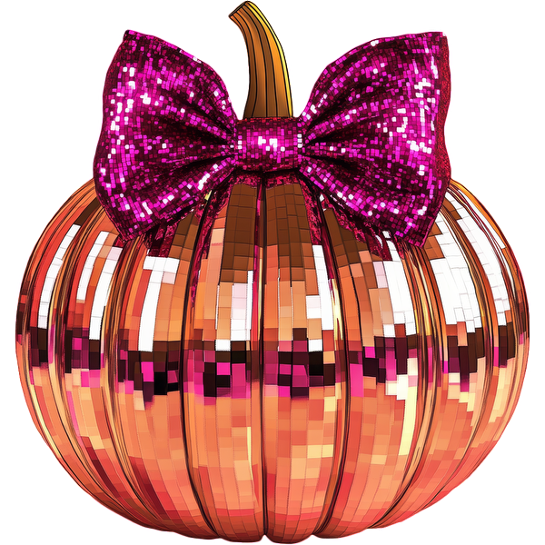 This sparkling pumpkin features a shiny, mirrored surface and a vibrant pink sequined bow, perfect for festive decor.