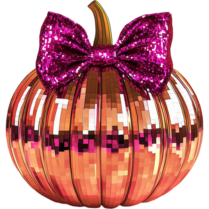 This sparkling pumpkin features a shiny, mirrored surface and a vibrant pink sequined bow, perfect for festive decor.