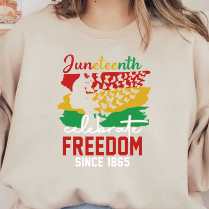 Colorful Juneteenth design celebrating freedom since 1865, featuring butterflies, vibrant background, and an iconic silhouette. dtf transfers