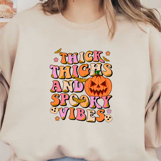 Celebrate Halloween with this fun and colorful graphic featuring the playful phrase "Thick Thighs and Spooky Vibes" alongside a jack-o'-lantern. dtf prints