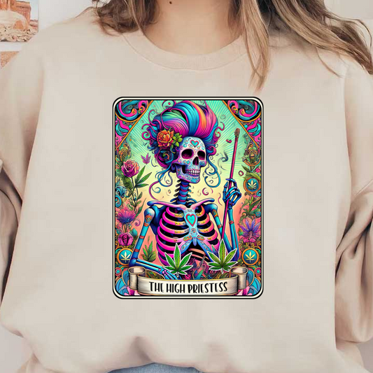 A vibrant, colorful illustration of a skeleton dubbed "The High Priestess," adorned with flowers and iconic symbols. dtf transfers