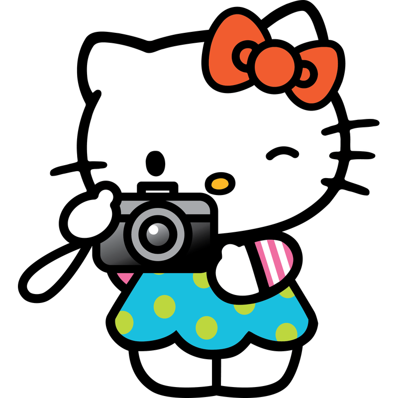 Hello Kitty poses with a camera, dressed in a blue polka-dot dress and a bright orange bow, ready to capture memories!DTF Transfers