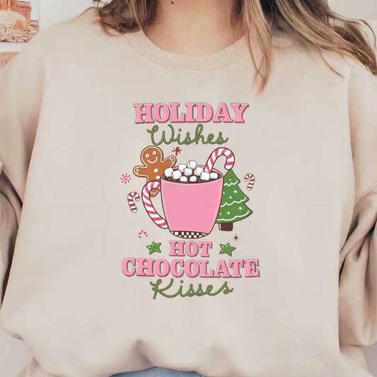 Celebrate the holidays with this playful design featuring hot chocolate, a gingerbread man, a Christmas tree, and festive text. dtf transfers