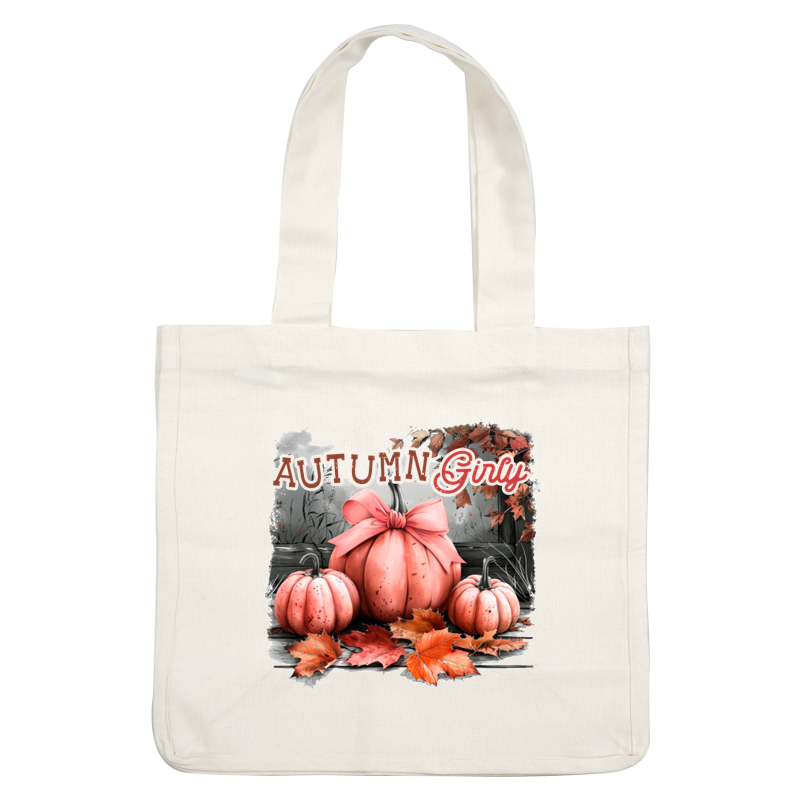 Charming autumn-themed illustration featuring pink pumpkins adorned with a bow, surrounded by colorful autumn leaves. heat press transfers