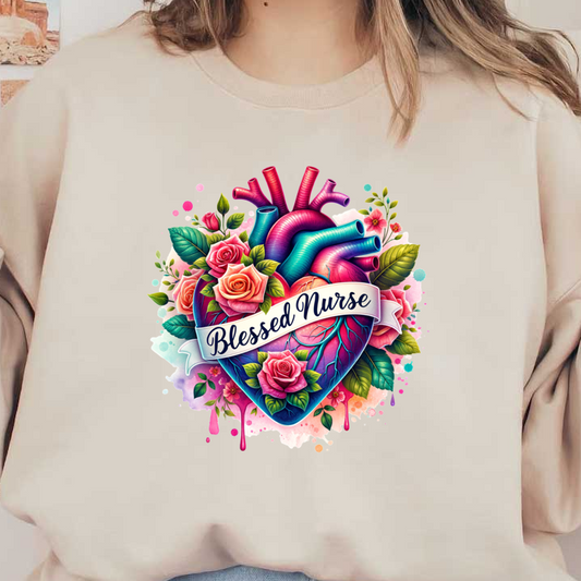 A vibrant illustration of a heart adorned with colorful roses and the phrase "Blessed Nurse" prominently displayed.DTF Transfers