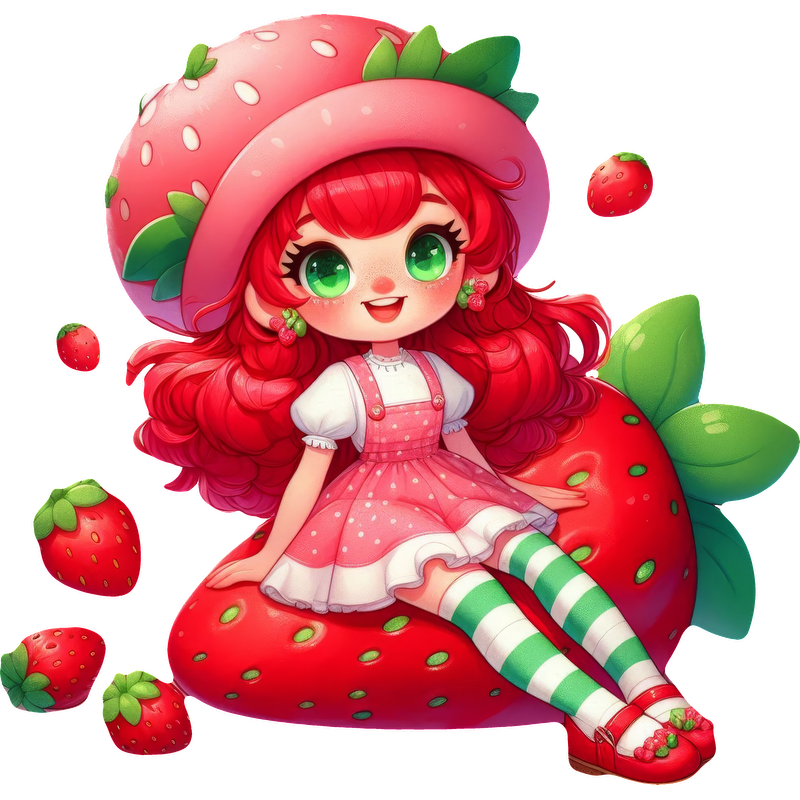 This whimsical illustration features a character with vibrant red hair, wearing a strawberry-themed outfit and sitting on a giant strawberry.DTF Transfers