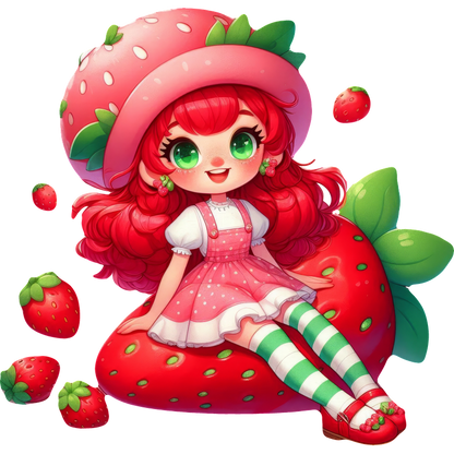 This whimsical illustration features a character with vibrant red hair, wearing a strawberry-themed outfit and sitting on a giant strawberry.DTF Transfers