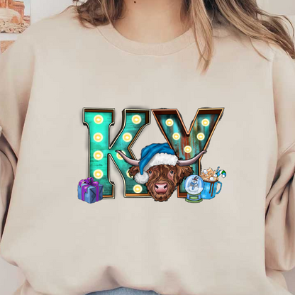 A festive illustration featuring a Highland cow wearing a blue Santa hat, surrounded by decorative letters "KY," gifts, and holiday treats.DTF Transfers dtf prints