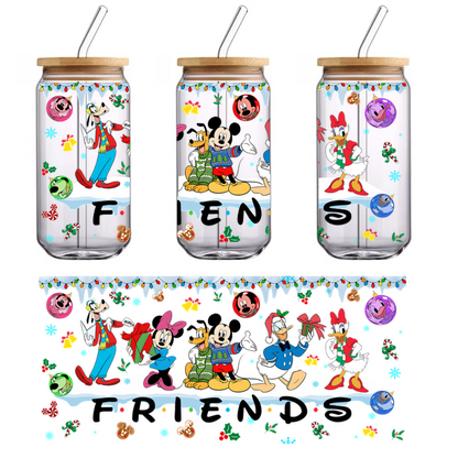 A festive gathering of beloved Disney characters, including Mickey, Minnie, Donald, and others, celebrating the holiday season with cheerful gifts and decorations.UV Transfers dtf transfers