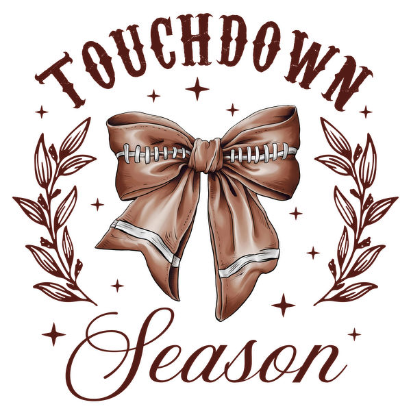 Celebrate football season with this charming design featuring a ribbon styled like a football, accented by "Touchdown Season" text. heat press transfers