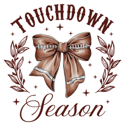 Celebrate football season with this charming design featuring a ribbon styled like a football, accented by "Touchdown Season" text. heat press transfers