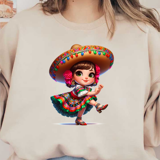 A joyful girl in a colorful Mexican dress, adorned with flowers and a vibrant sombrero, celebrates her heritage with style. dtf prints