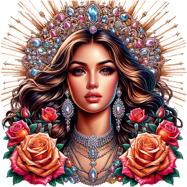 Una impresionante ilustración de una mujer adornada con intrincadas joyas y rosas, irradiando belleza y elegancia con un fondo dorado.