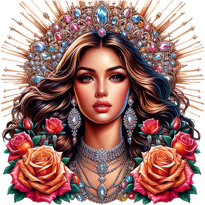 Una impresionante ilustración de una mujer adornada con intrincadas joyas y rosas, irradiando belleza y elegancia con un fondo dorado.