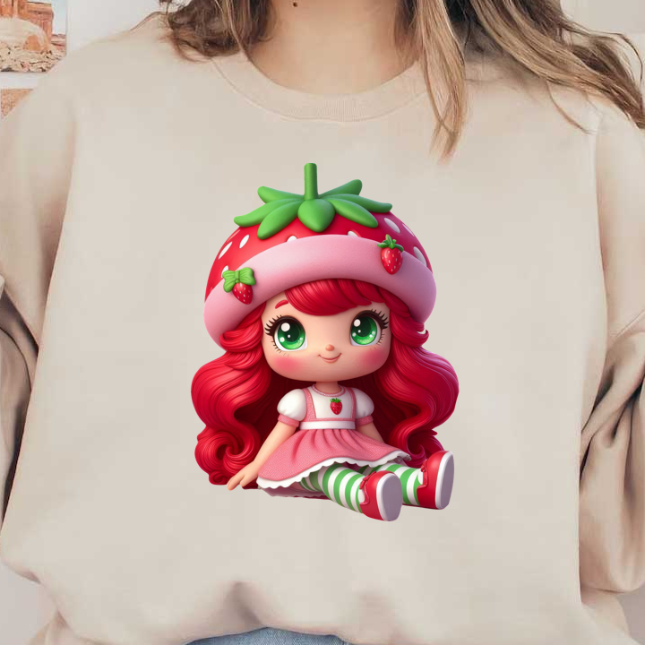 Meet the adorable strawberry-themed doll with vibrant red hair, big green eyes, and a cute strawberry hat and dress!DTF Transfers